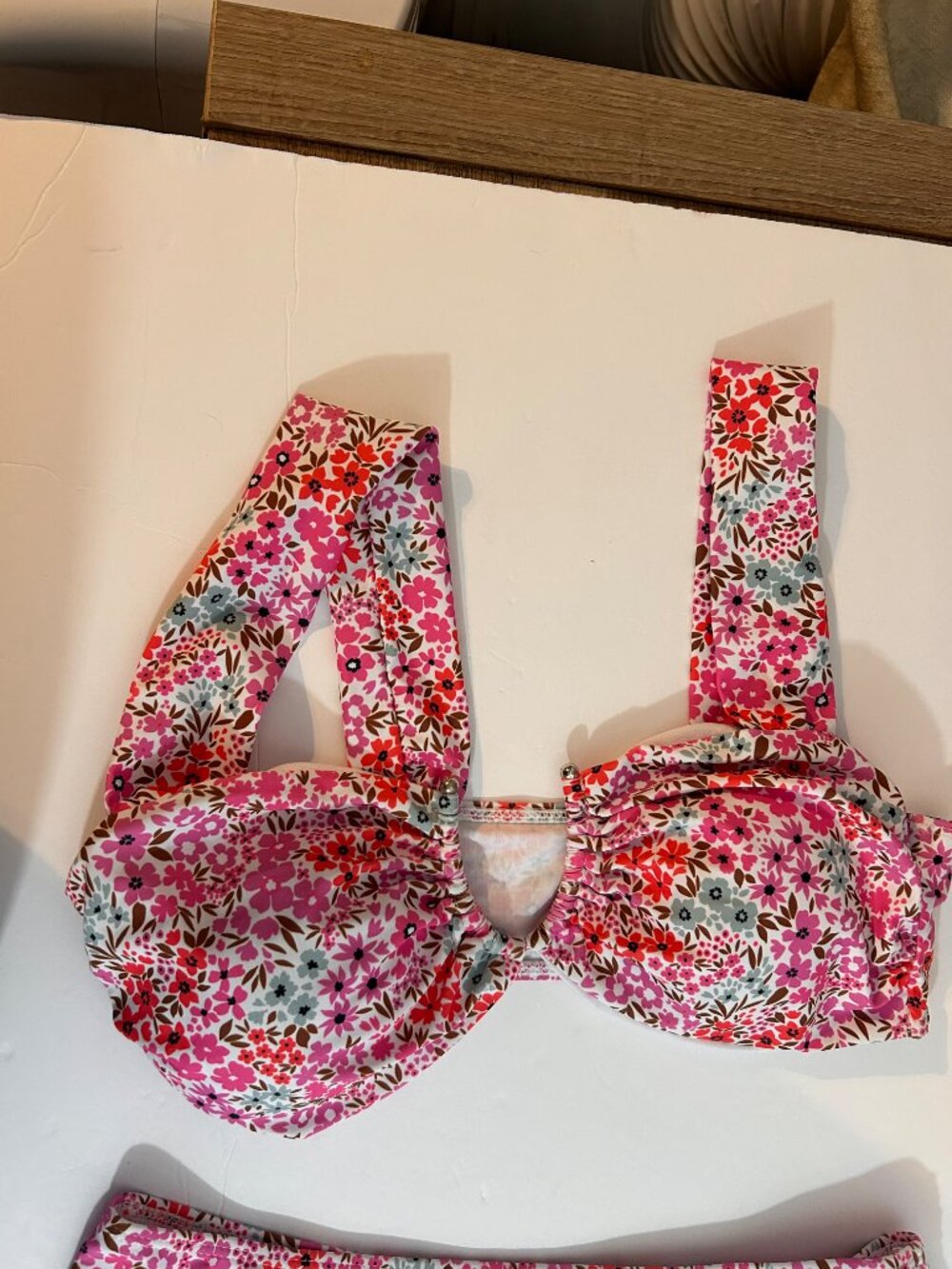 Floral Bikini Size L Pink Orange High-Waisted Ruched Top Retro Cottagecore NWOT - Picture 4 of 13